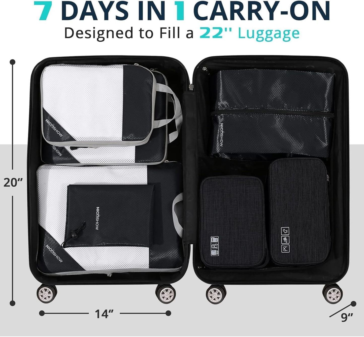 7 Set Compression Packing Cubes for Travel - Compressible, Lightweight, and Space-Saving Packing Cubes, Travel Essentials for Women, Black