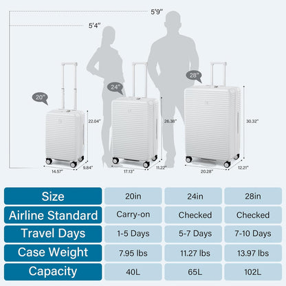 Hard Shell Suitcases Travel Expandable Luggage, 24 Inch Check in Luggage with Spinner Wheels Cup Holder Charger Built in, Checked Medium Suitcase Lightweight Suitcases, White