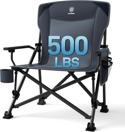 EVER ADVANCED Oversized Folding Camping Chair, for Adults Heavy Duty Lawn Chair with Side Pockets, Portable Collapsible Quad Chair for Outside, Support Up to 500lbs, Grey