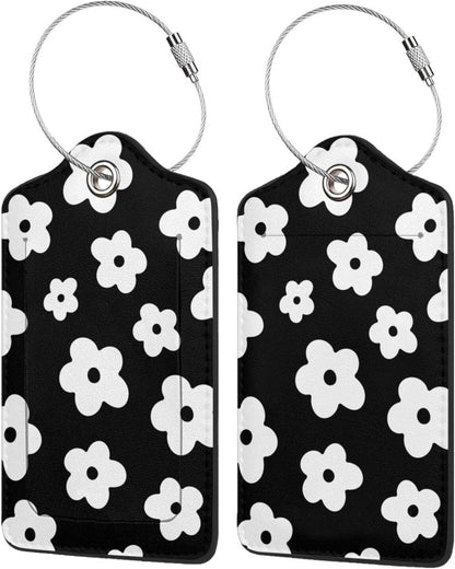 Fun Luggage Tags for Suitcases Leather Name Tag for Luggage Cute Travel Baggage Tags for Carnival Cruise Ships with Funny Patter 2pcs (Black Flowers)