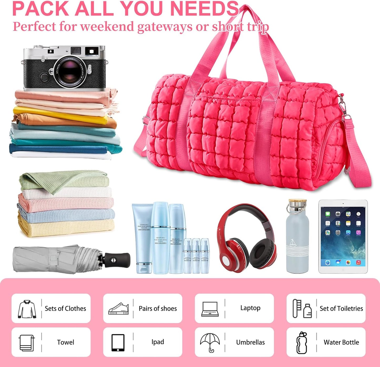 Quilted Travel Duffle Bag Gym Bag for Women,Large Puffer Duffle Weekender Bag with Compartment,Workout Overnight Carry on Organizer Bag Duffle Bag for Airplane Travel(Rosered)