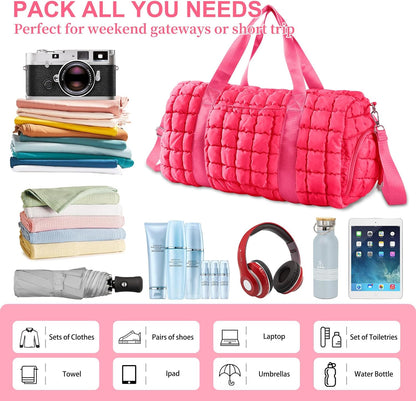 Quilted Travel Duffle Bag Gym Bag for Women,Large Puffer Duffle Weekender Bag with Compartment,Workout Overnight Carry on Organizer Bag Duffle Bag for Airplane Travel(Rosered)