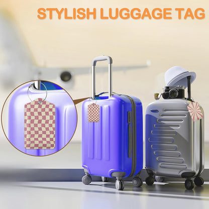 Abstract Colorful Twisted Checkered PU Leather Luggage Tags for Suitcase, Travel Cruise 3 Pack with Privacy Flap, Name ID Label and Metal Loop for Women Men Girls Baggage Bag Backpack