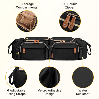 Double Stroller Organizer for Bob Duallie and Baby Jogger City Mini GT2, Double Stroller Caddy Organizers with Cup Holder and 2 Cooler Pockets Parent Console Double Stroller Accessories