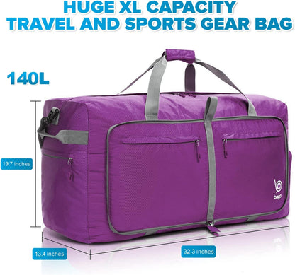 Bago Large Foldable Duffel Bags for Traveling Women & Men - 120L Packable Duffle Bag for Travel with Shoe Compartment - Water Repellant, Heavy Duty, Lightweight Folding & Collapsible (Purple)