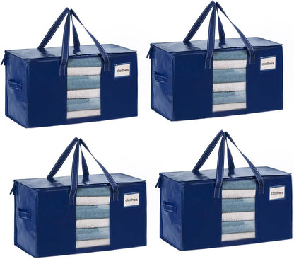 VENO 4 Pack Moving Bags, Comforter and Blanket Storage Bags for Closet, Moving Boxes, Boxes with Lids Alternative, College Dorm Packing Supplies, Foldable Heavy-Duty Tote with Window (Blue, 4 Pack)