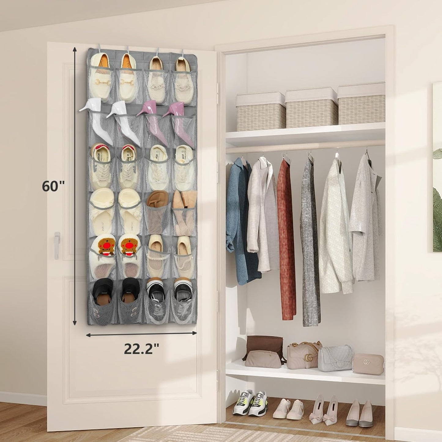 FENTEC 2 Pack Over the Door Shoe Organizer Hanging Shoe Organizer for Closet, Space Saving Mesh Large Pocket Shoe Storage and Organizer with 24 Packets, Shoe Holder for Apartments Garages, Gray