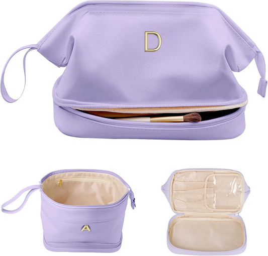 Wedding Gift Initial Makeup Bag, Personalized Double Layer Cosmetic Bag with Makeup Brush Organizer, Waterproof, Large Capacity PU Leather Travel Toiletry Bag Retirement Gifts, Daughter Gifts