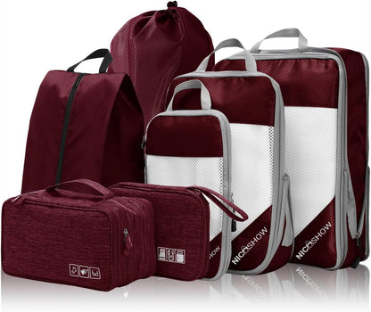 7 Set Compression Packing Cubes for Travel - Compressible, Lightweight, and Space-Saving Packing Cubes, Travel Essentials for Women, Wine