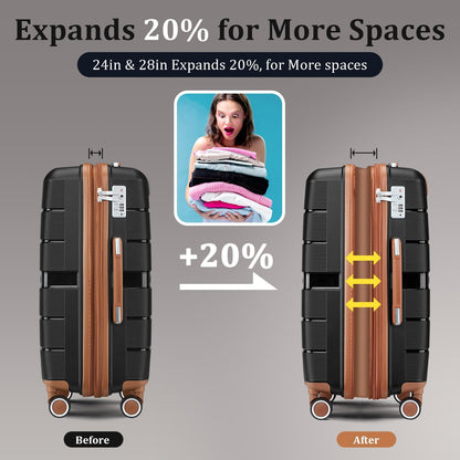 Campfun Luggage 4 Piece Sets, Expandable Carry On Luggage Set Hardshell PP, Suitcase Set with Double Spinner Wheels, Checked Durable Lightweight with TSA Lock, 14in 20in 24in 28in-Black Brown(A)