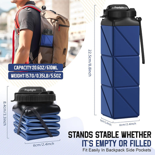 2pcs Collapsible Water Bottles 20.6oz Foldable Water Bottle BPA Free Reusable Lightweight LeakProof Travel Silicone Water Bottles for Travel Gym Hiking Camping Cycling Yoga Sports Outdoor