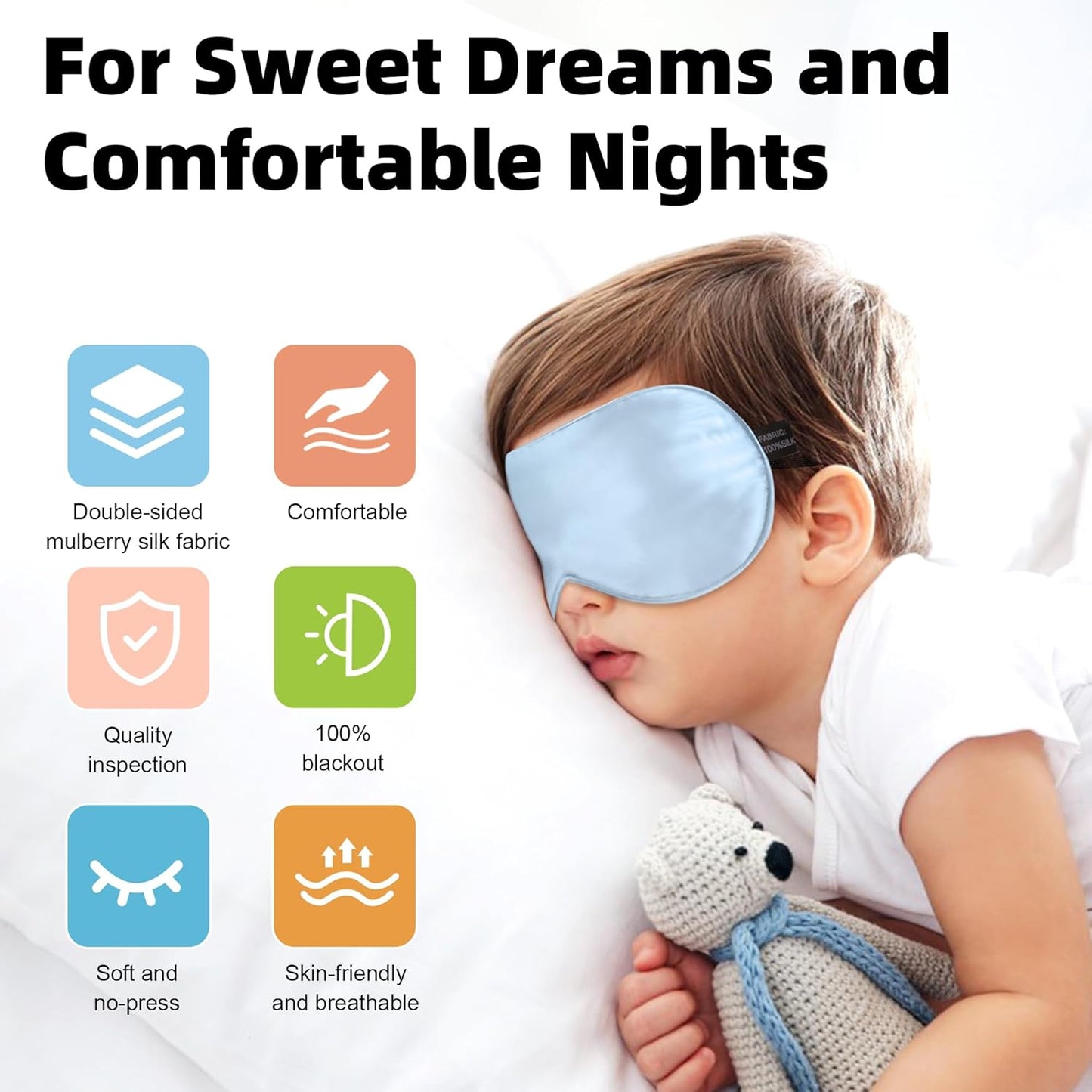 Silk Sleep Eye Mask for Kids, 100% Real Natural Pure Silk Sleeping Masks, Blindfold Sleep Eye Cover with Adjustable Strap, Soft & Lightweight Night Eyeshade for Boys Girls Teens (2 Pack)