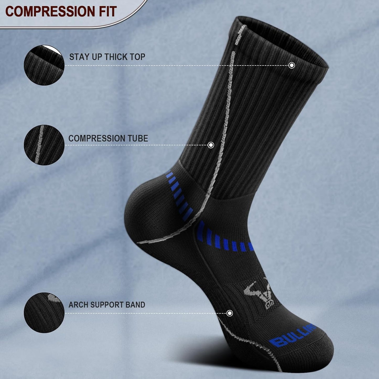 BULLIANT Compression Socks for Men 6Pairs, Athletic Crew Socks Cushioned For Men Sports Running-Arch Support