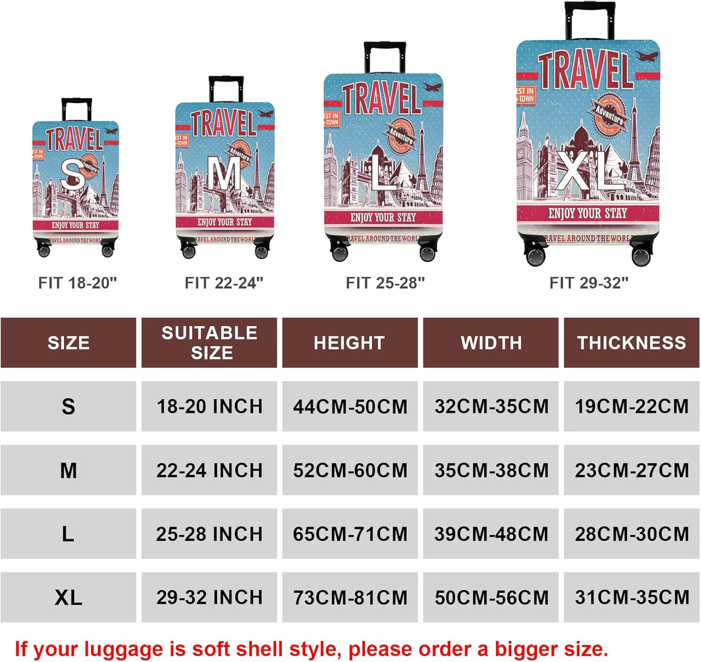 WUJIAONIAO Travel Luggage Cover Baggage Suitcase Cover Protector Skins 18-32 Inch (Tourist Attraction A28, S (for 18-20 inch luggage))