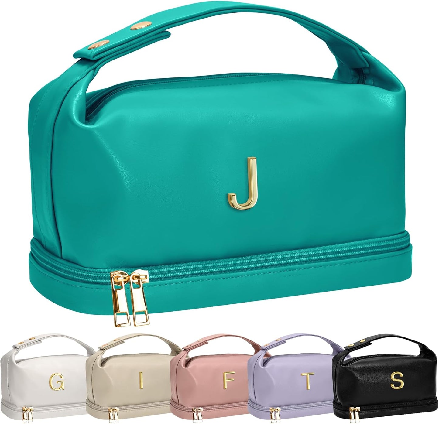 Birthday Gifts for Women 30s, Personalized Makeup Bag with Handle, Initial Double Layer Cosmetic Bag with Makeup Brush Organizer, Cute Cosmetic Pouch for Women, Gift for Friends Female Mom