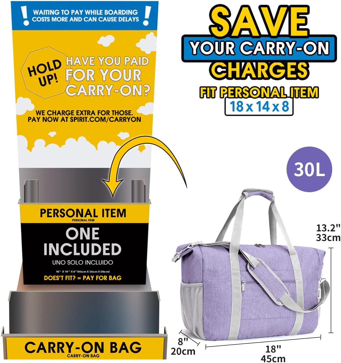 Narwey 18x14x8 Inches Travel Bag Spirit Airlines Frontier Personal Item Bag, Travel Duffel With Wet Pocket Carry on Bag for Airplane Underseat Duffle Overnight for Women and Men (Purple)