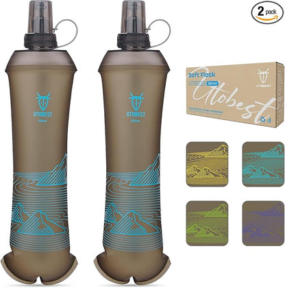 UTOBEST 500ml Soft Flask, 2 Pack Flexible TPU Hydration Water Bottle, Collapsible with 28mm Caliber for Running, Hiking, Cycling, Climbing, and Marathon Blue