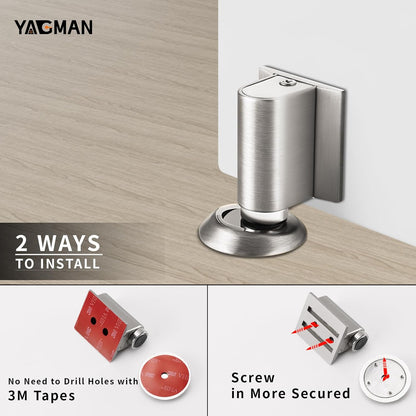 2 Pack Magnetic Door Stoppers Retractable Bottom of Door Holder No Drilling Mount Floor Door Stop with Screws and Adhesive Catch Door Keep Door Open Brushed Nickel BN-2