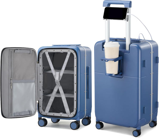Hanke 28 Inch Luggage with Cup Holder and Charge,Top Opening Hard Shell Suitcases with Wheels and Dividers,Aluminum Frame Trunk Luggage Extra Large Suitcase with Lock for Travel,Interstellar Blue