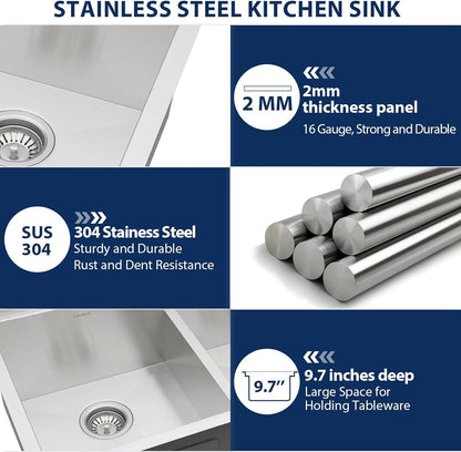 Lordear 36 Inch Undermount Kitchen Sink Double Bowl Stainless Steel Kitchen Sinks 50/50 Low Divided 16 Gauge Undermount Sink 36x19x10 Inch Handmade