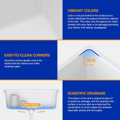 Dcolora 28 Inch White Undermount Kitchen Sink Workstation Single Bowl Modern Kitchen Sink Granite Composite,#DC-GU0003WS