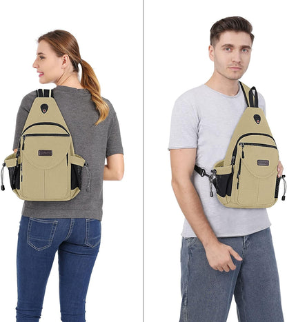MOSISO Sling Backpack,Canvas Crossbody Hiking Daypack Bag with Anti-theft Pocket, Khaki