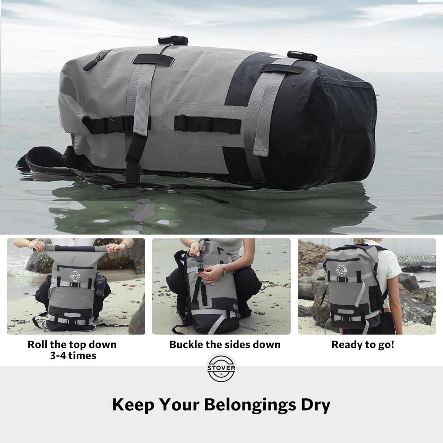 STOVER 5/10/25/30/40/55L Waterproof Backpack- Floating Dry Bag for Kayaking, Travel, Beach, Hiking, & Camping, Men/Women