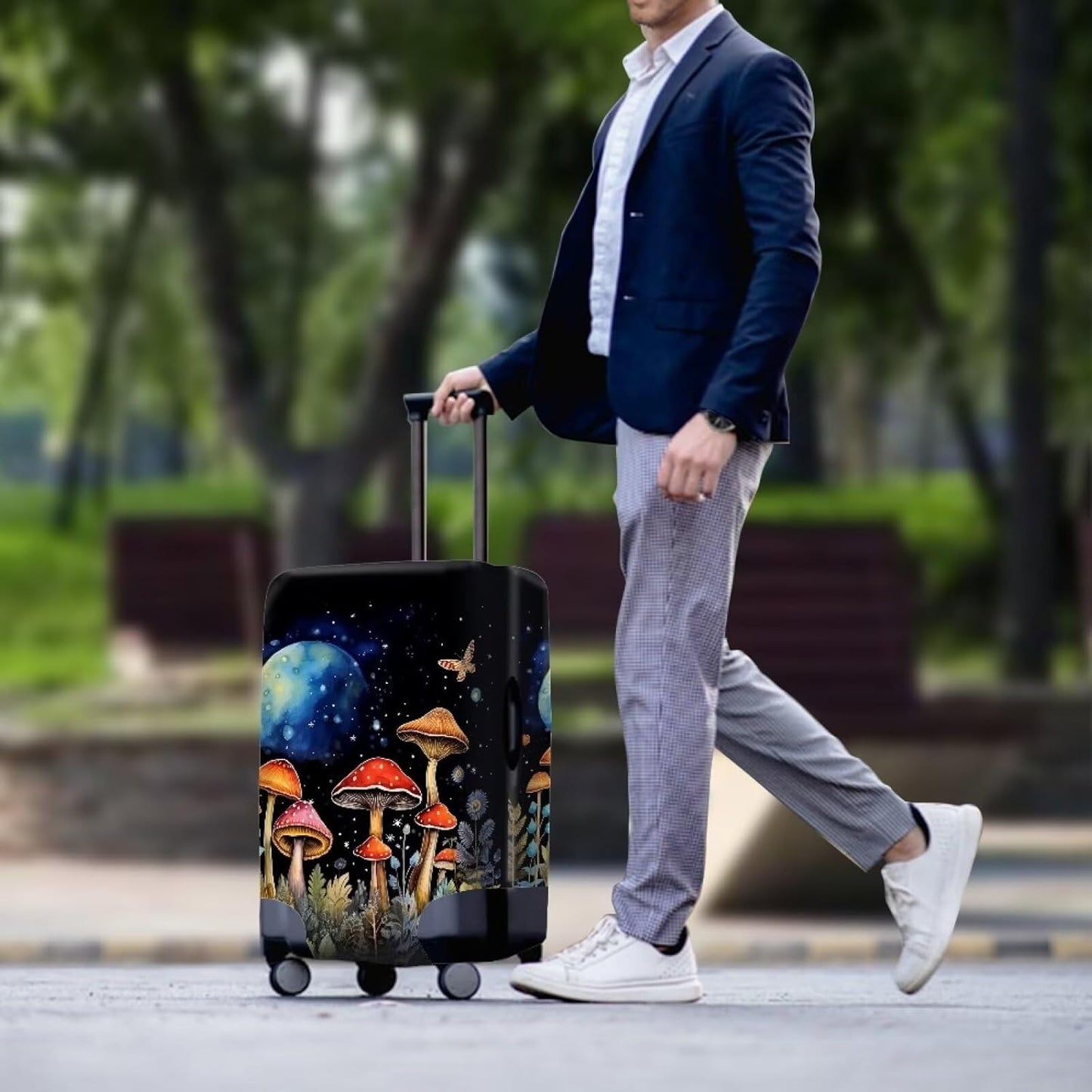 Butterfly Mushroom Print Travel Suitcase Cover Protector Elastic Zipper Closure Fit 26-29 Inch Luggage
