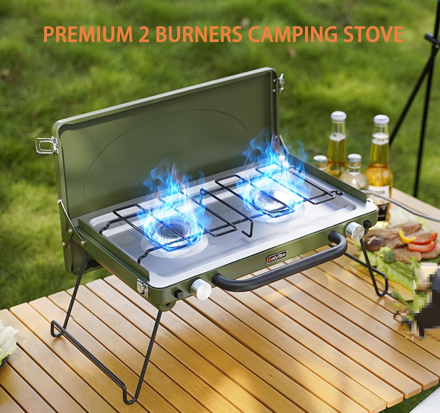 ONLYFIRE Portable Camping Stove 2-Burner, Propane Camp Stove with Foldable Legs, Camping Grill Stove with Adjustable Burners, Heavy-Duty Latch & Handle for Camping Tailgating RV BBQ, Green