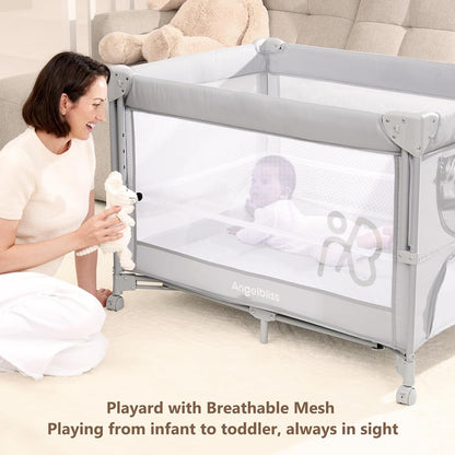 ANGELBLISS Baby Bassinet Bedside Crib, Pack and Play with Mattress, Diaper Changer, One-Push Setup Playards from Infants to Toddlers (Grey)