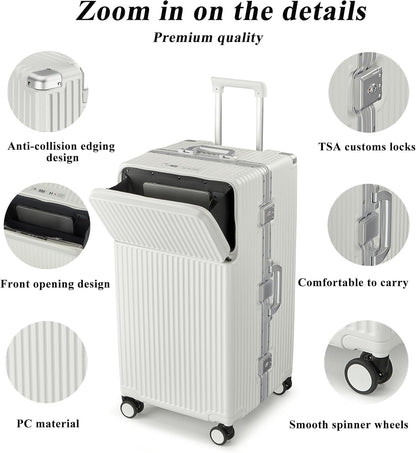 feilario 30in Super Large Captain Aluminum Frame Hardside Spinner Wheels Luggage, Zipperless Checked Suitcase with Front Compartment/Cup Holder/Phone Holder