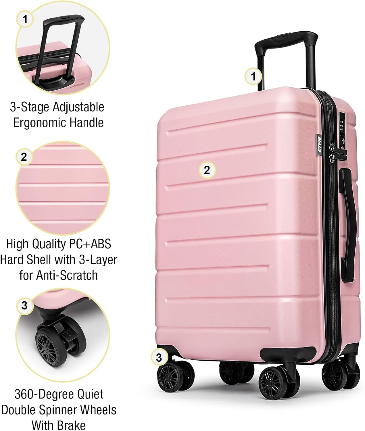 KYME Pink Luggage Sets 3 Piece (22in/26in/30in) Hardshell Suitcases with Spinner Wheels Hardside Suitcase Sets with TSA Lock Travel Rolling Luggage Set for Women Men