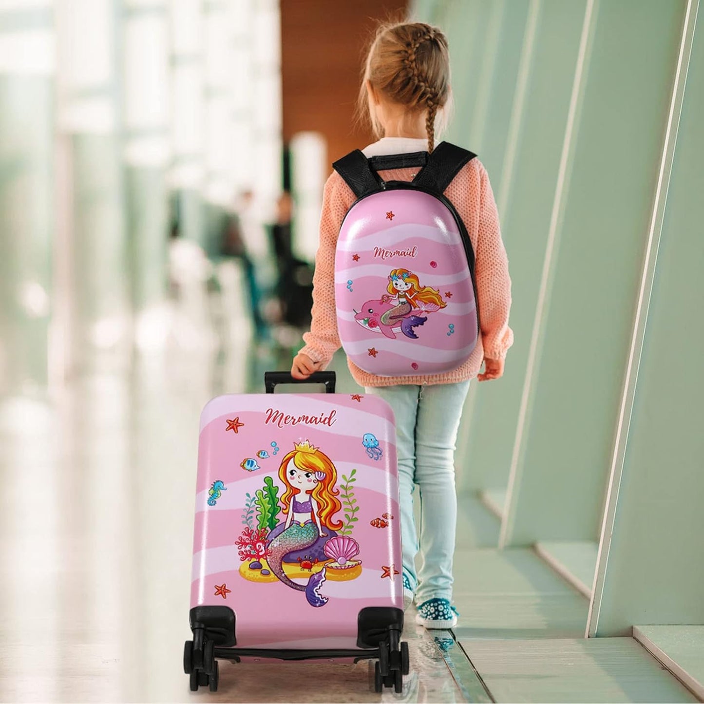 Weewooday Kids Luggage and Backpack 18" Suitcase with Spinner Wheel Hard Case Travel 13" Backpack Girl Suitcase Set for Kids Travel Supplies(Pink,Mermaid Style)