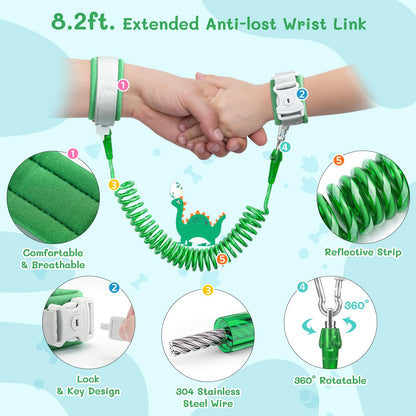 Dr.meter 3 in 1 Toddler Harness Leash + 8.2ft Anti Lost Wrist Link, Cute Dinosaur Kids Safety Harness Tether with Key Lock, Child Protective Leashes While Walking for Outdoor Activity Keep Kids Close