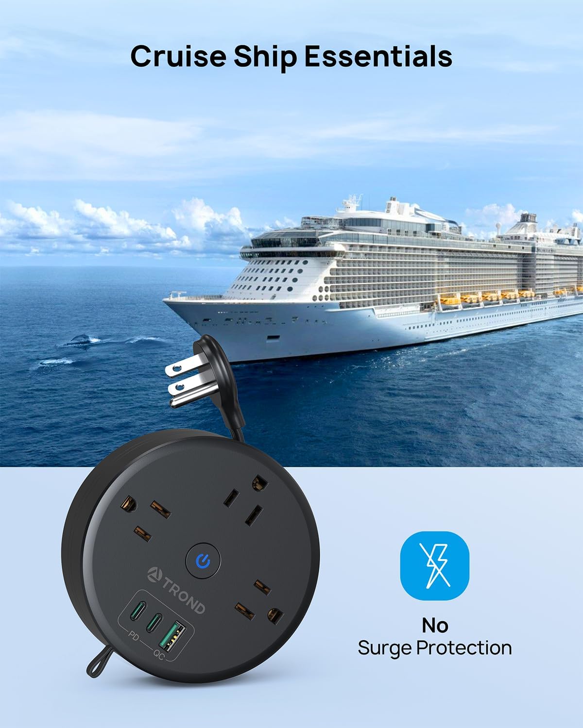TROND 20W USB C Travel Power Strip - Retractable Extension Cord 5ft Ultra Thin Flat Plug, Power Strip with 3 AC Outlets and USB C Fast Charging, Cruise Ship Essentials, for Home Hotel Dorm Room, Black