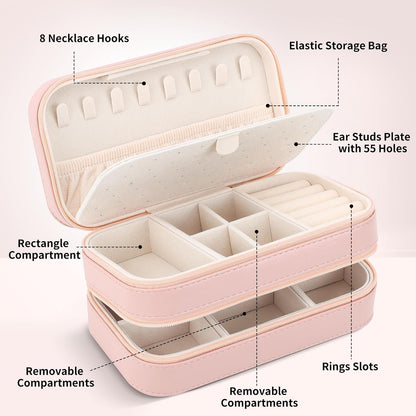 DesignSter Small Travel Jewelry Box with Double Zipper, 2 Layers PU Portable Jewelry Case for Women and Girls,Travel Jewelry Organizer for Rings, Earrings, Necklaces, Bracelets,Pink