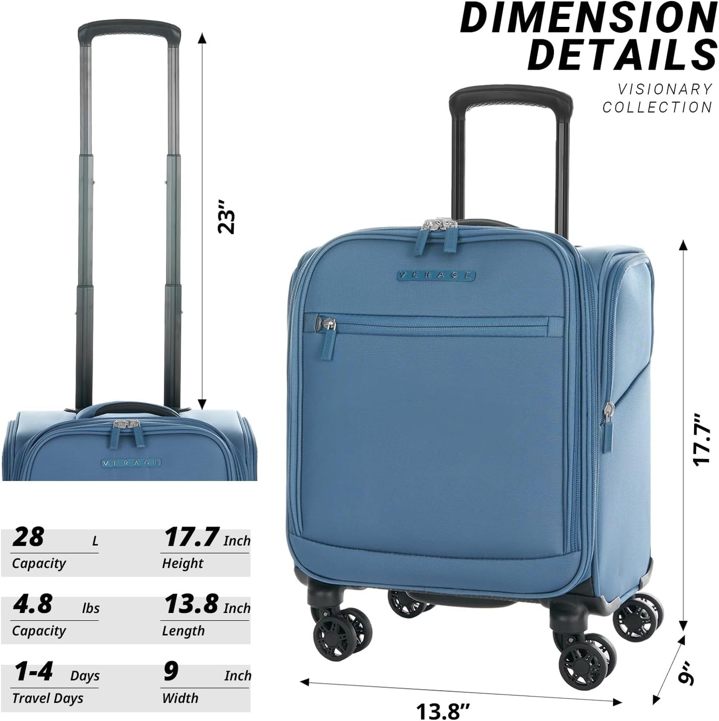 Verage Under Seat Luggage with Wheels, Softside Small Suitcase Spinner Carry On Luggage Bags for Airlines Airplanes Short Trip Men Women (Coast Blue, 14.5-Inch Plus Underseat)