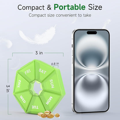 Weekly Pill Organizer, 2 Pack Portable Pill Box Medicine case 6 Colors (Seven Day) New Edition for Vitamin/Fish Oil/Pills/Supplements-Arthritis Friendly (Green)