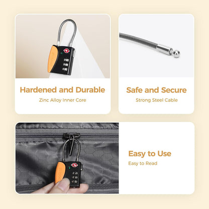 pack all TSA Approved Cable Luggage Locks, 3 Digit Combination Padlocks, Travel Lock for Suitcases & Bag, Alloy Body, Travel Accessories (1 Pack)（Orange）