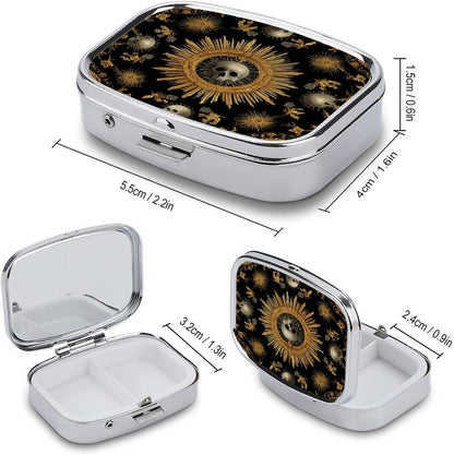 Metal 2 Compartment Pill Organizer Travel Friendly Portable Compact Pill Box Cute Pill Case,for Pocket Wallets Daily Portable Medicine Vitamin Tablet Storage (The Skeleton in The Center)