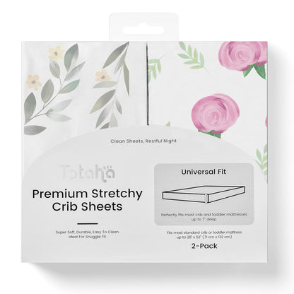 TotAha Premium Stretchy Crib Sheets (2-Pack)-Hypoallergenic, Silky Comfort, Buttery Soft, Calming Effect, All-Season Jersey-Knit Sheets, 9'' Extra Deep Pocket (Pink Buds & Green Leaves)