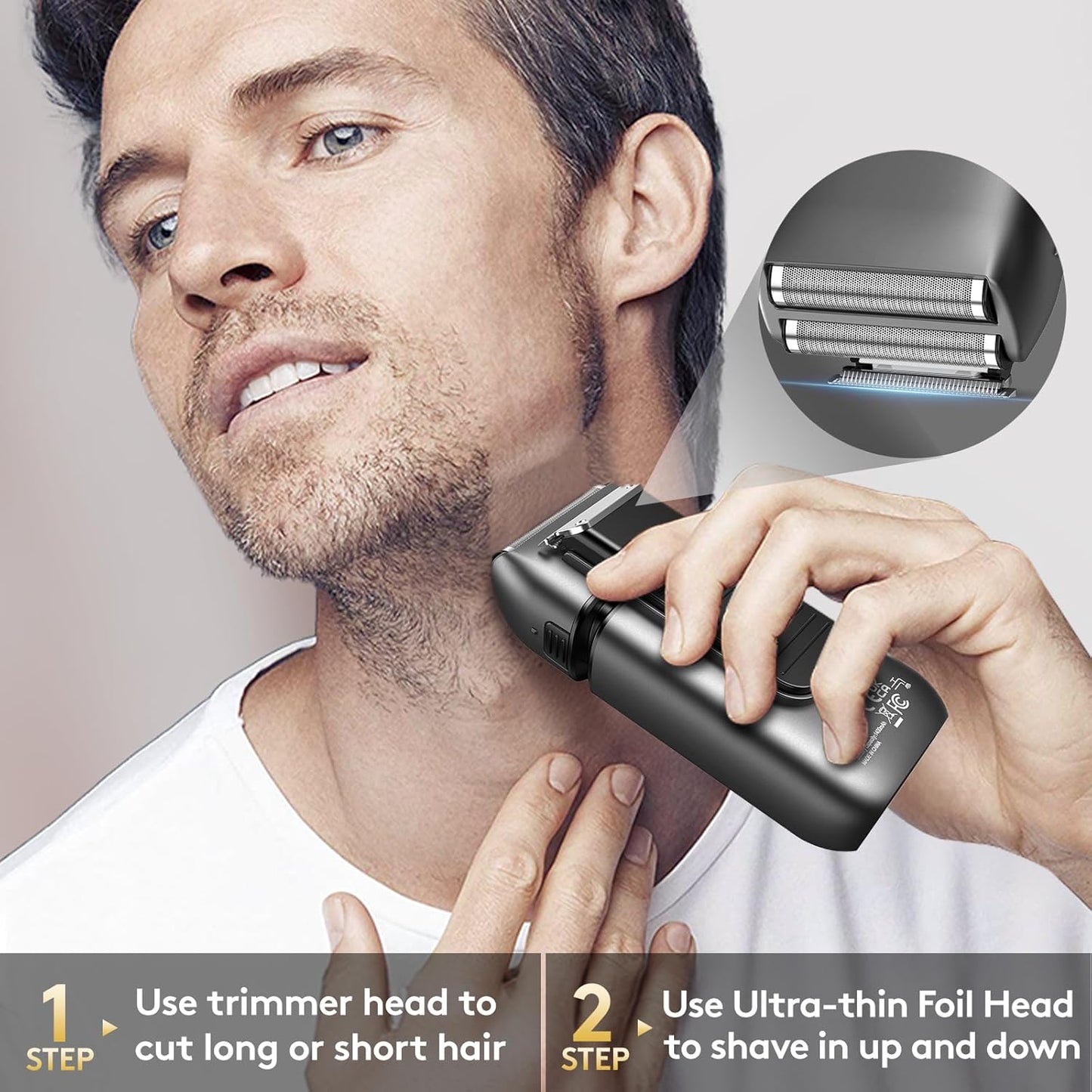 Brightup Foil Shaver, Mens Electric Razor, Shavers for Men with Trimmer, Cordless USB-C Rechargeable Waterproof Double Floating Blades for Close Shaving Face, 2 Speed, LED Display&Travel Pouch, Gray