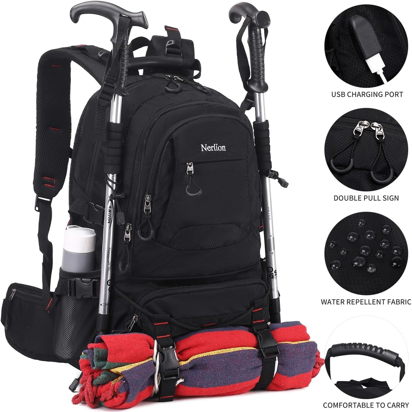 Nerlion 40L Hiking Backpack Travel Backpack for Men Women Camping Waterproof Outdoor Hiking Daypack Lightweight Backpack (Black)