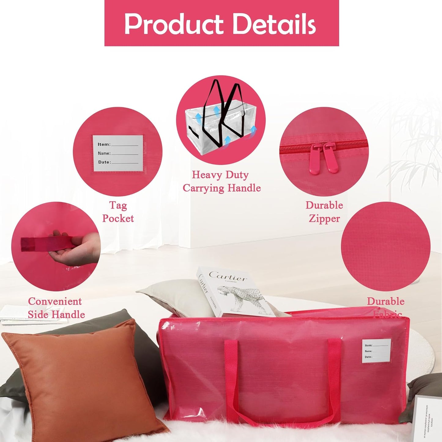 8 Pack Heavy Duty Extra Large Moving Bags with Handles, Waterproof Foldable Storage Totes, Clothing Storage Bags, Packing Moving Boxes for College Supplies, Pink