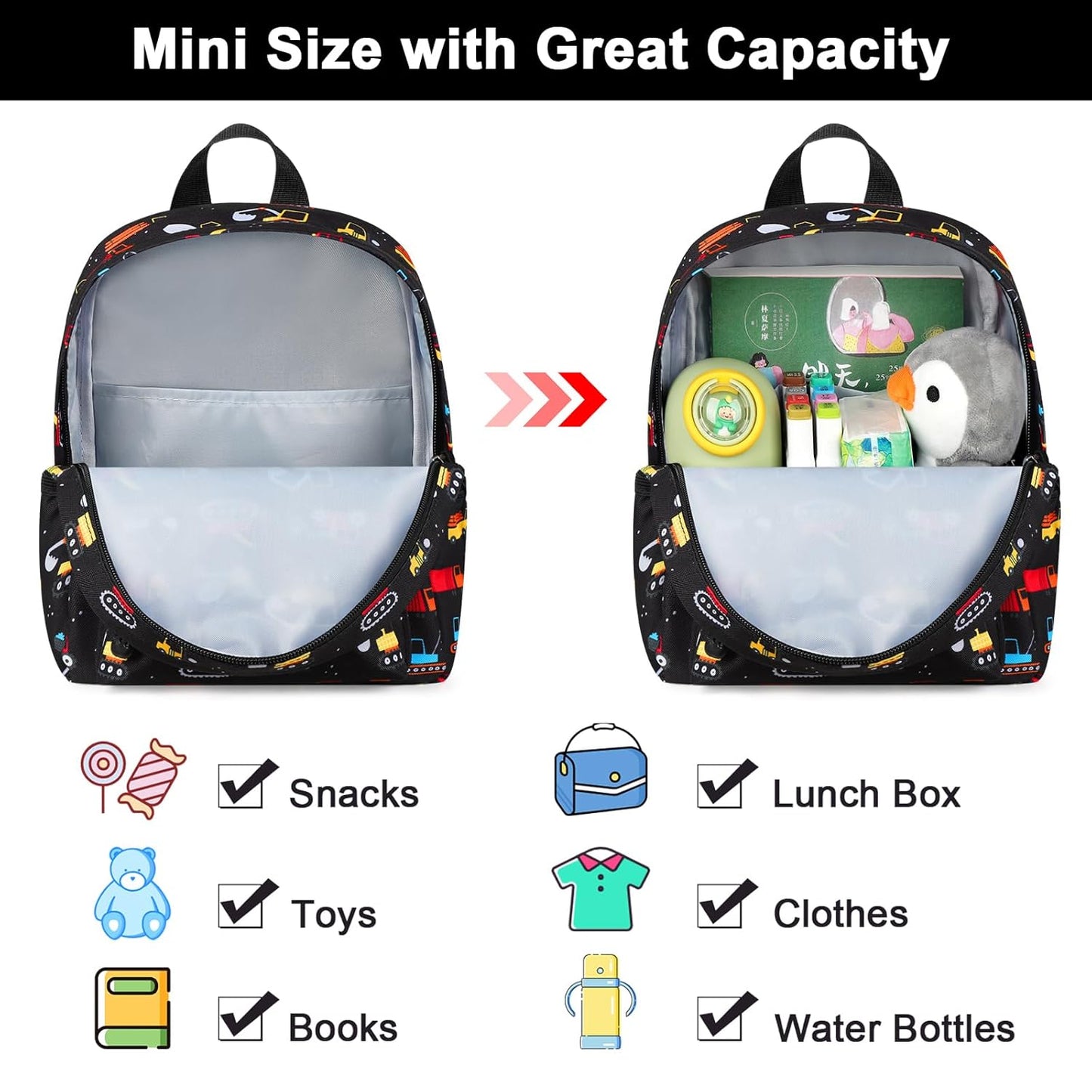 Accmor Toddler Backpack with Leash, Baby Backpacks with Anti Lost Wrist Link, Cute Mini Kids Backpack Leash Walking Harness for Travel, Small Excavator Backpack Tether for Boys Girls 1-3 (Black)