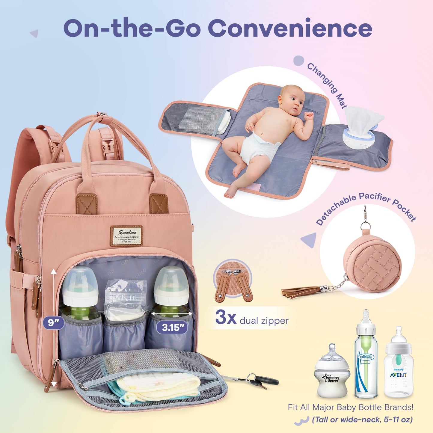 RUVALINO Diaper Bag Backpack, Multifunction Travel Pack Maternity Baby Changing Bags, Large Capacity, Waterproof, Pink