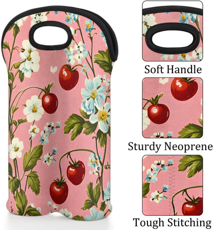 Neoprene Wine Tote, Bottle Carrier Gag Insulating Neoprene Thicker, Insulated Wine Bag for Travel Holds Two Bottles, Bottle Carrier Bags Protect the Bottles, Flower Cherry