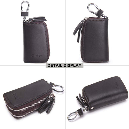 CONTACTS Car Key Case Small Leather Double Zipper Key Holder with 4 Keyrings Keys Organizer for Men Women