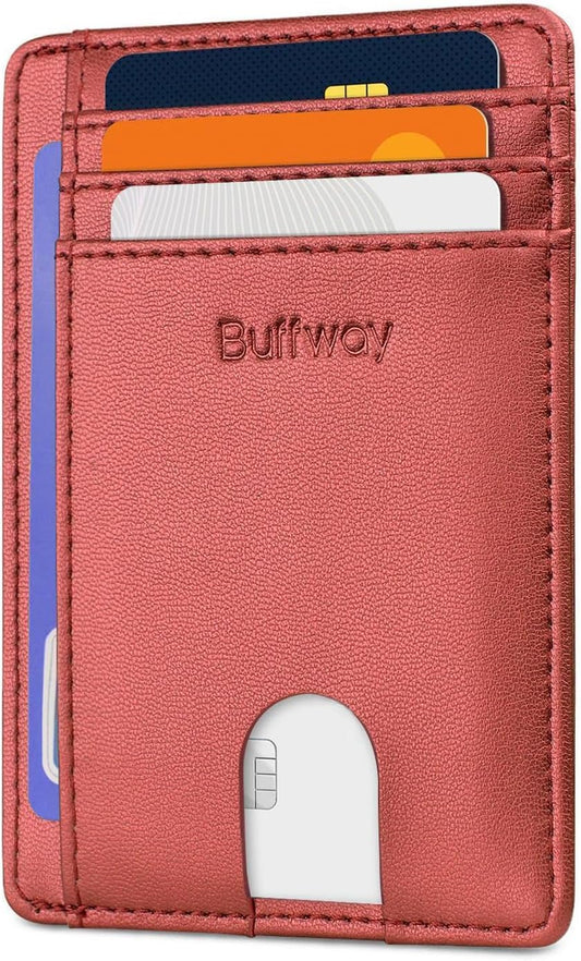Buffway Slim Minimalist Front Pocket RFID Blocking Leather Wallets for Men and Women - Sand Rose Gold