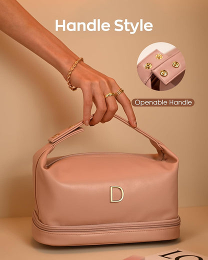 Makeup Bags Personalized Bags with Handle, Waterproof Double Layer Cosmetic Bag, Large Capacity PU Leather Makeup Bags Letter Travel Toiletry Bag with Makeup Brush Organizer